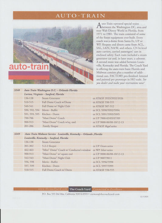 CY-3200 Coach Yard Auto-Train 8-Car Consist and Additional Cars