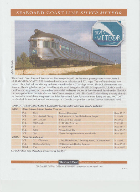 CY-2800/2800.1 Coach Yard 1969-1971 Seaboard Coast Line (SCL) Silver Meteor & Additional Cars + Amtrak - Lone Star Collectibles