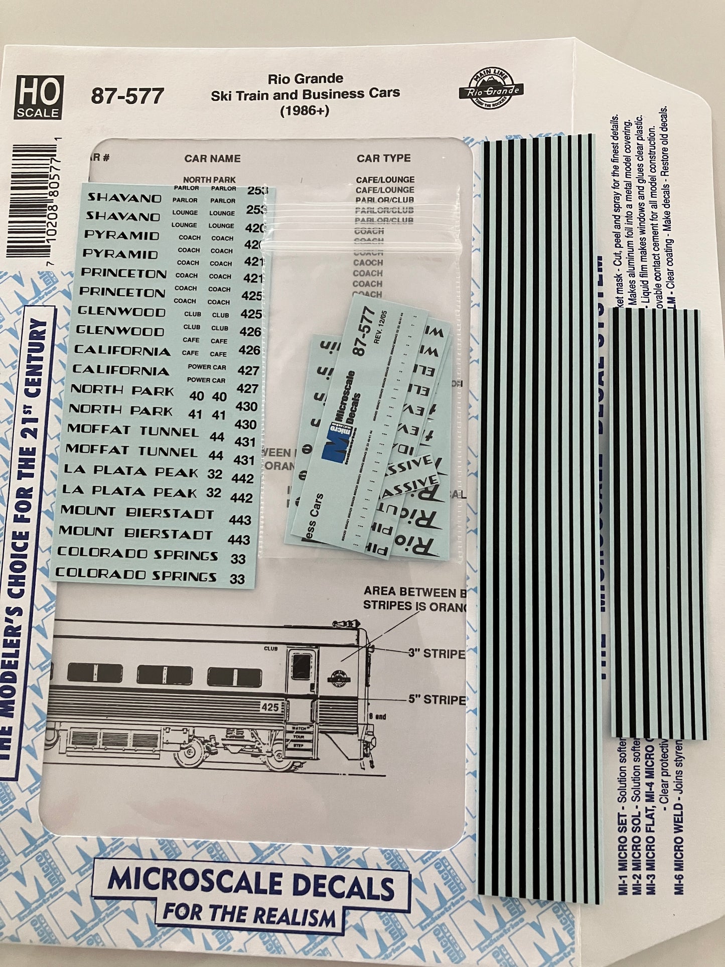 MC87-577 Microscale Water-slide Decals for Rio Grande Ski & Business Cars (1986+)