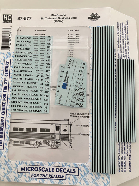 MC87-577 Microscale Water-slide Decals for Rio Grande Ski & Business Cars (1986+)