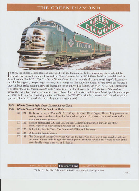 CY-3500/3501 Coach Yard Illinois Central "Green Diamond" 1934 & 1947 5-Unit Articulated Trainset