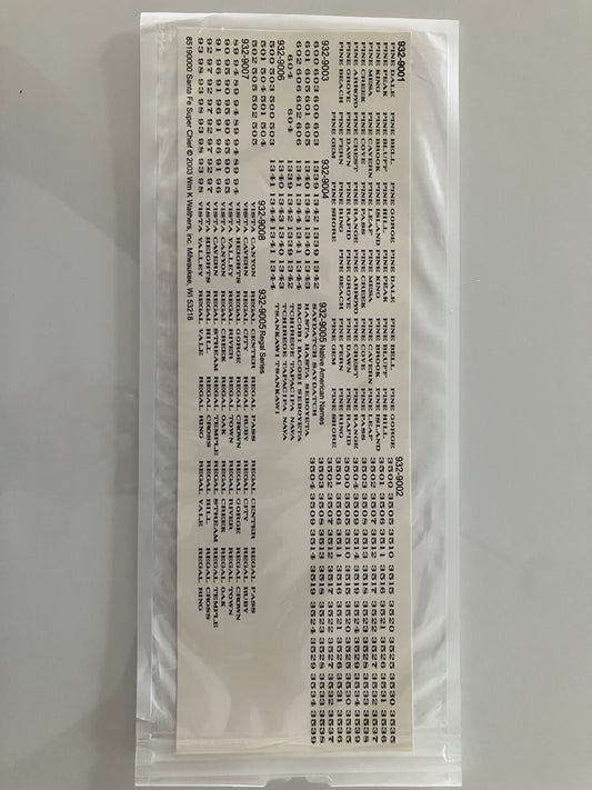LSC010 Walther's Water-slide Decals for Santa Fe Streamlined Passenger Cars